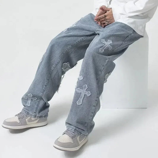 GRIND CROSS Blue Streetwear Baggy Jeans