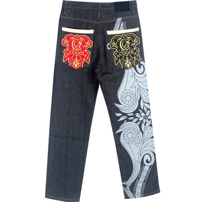 *LIMITED* GRIND Red&Gold Embroidery Baggy Jeans